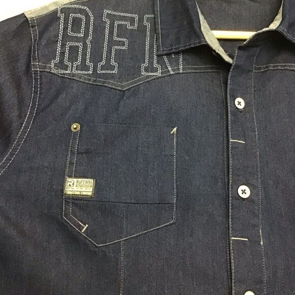RUFEN Men’s XXL Embroidered Denim Button Down Shirt | Cotton Stretch Long Sleeve - Picture 9 of 16